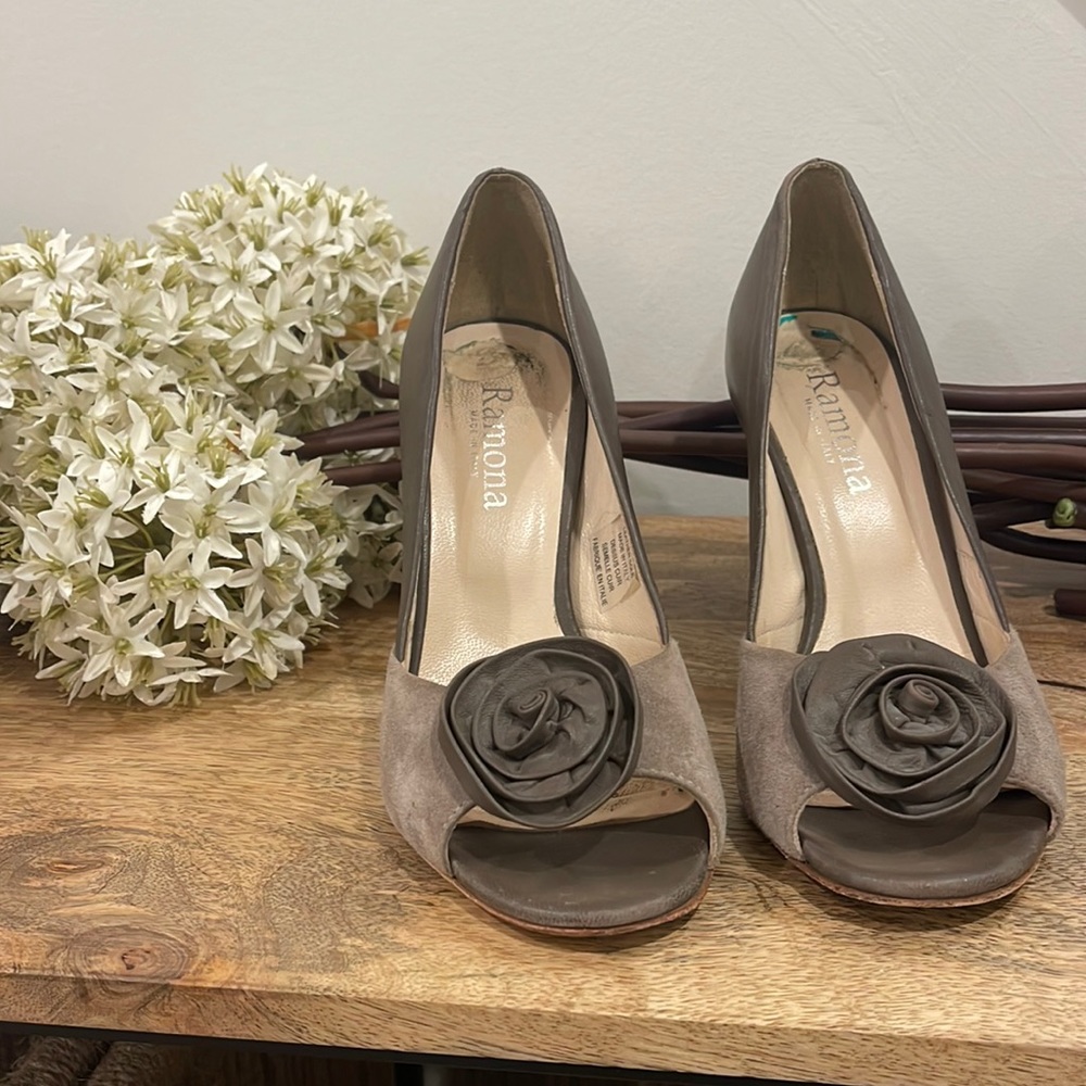 Leather, Italian made sexy heels. Peep toe, comfy, fabulous pre loved condition